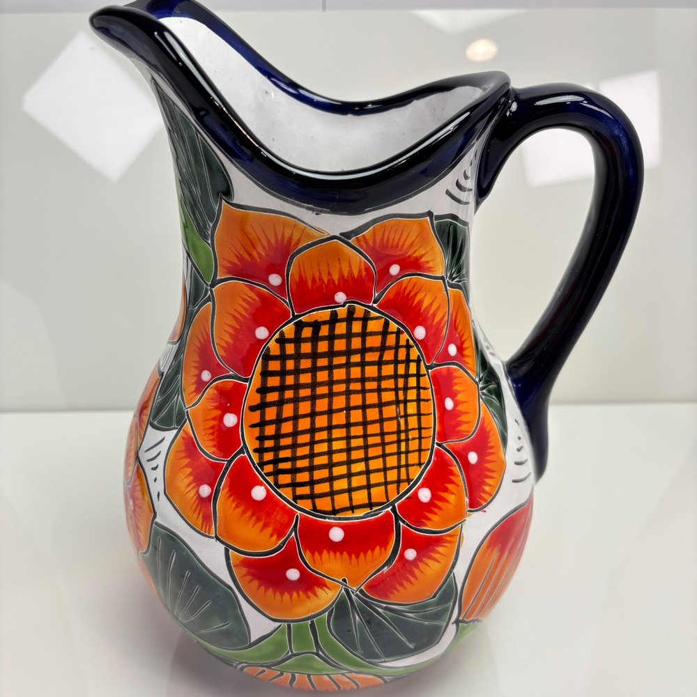 Mexican Talavera Pottery Sunflower Pitcher Hand Painted Cobalt Vase Decor 10in
